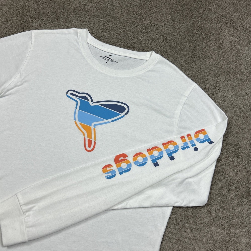 Birddogs Tee Shirt Large White Long Sleeve Graphic Cotton Polyester Stretch